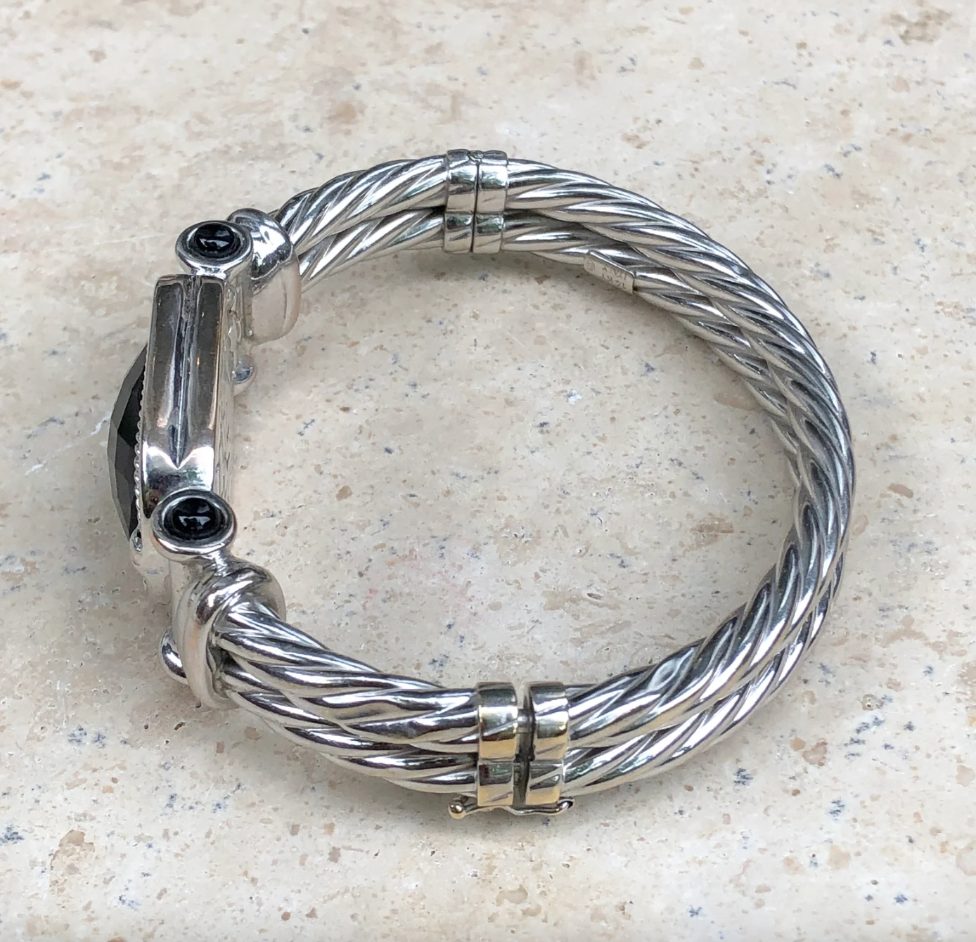 Estate 14KT White Gold Cabochon Onyx Cable Twist Bangle Bracelet - LSJ