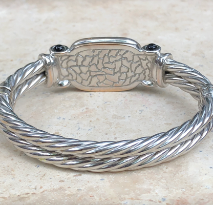 Estate 14KT White Gold Cabochon Onyx Cable Twist Bangle Bracelet - LSJ