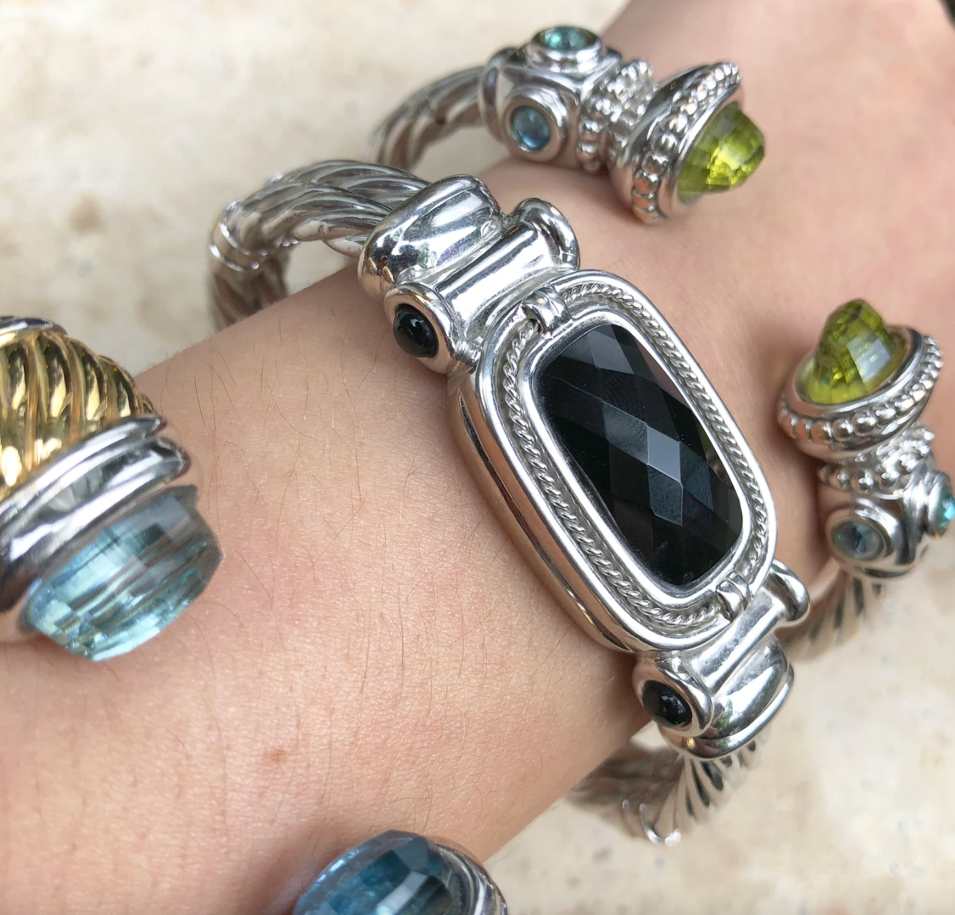 Estate 14KT White Gold Cabochon Onyx Cable Twist Bangle Bracelet - LSJ
