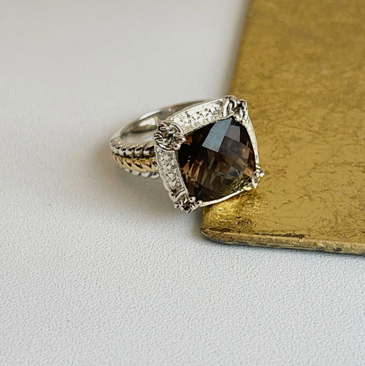 14KT Yellow Gold + Sterling Silver Smokey Quartz + Diamond Ring
