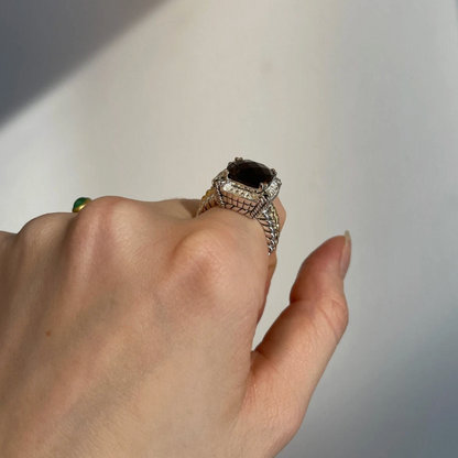 14KT Yellow Gold + Sterling Silver Smokey Quartz + Diamond Ring
