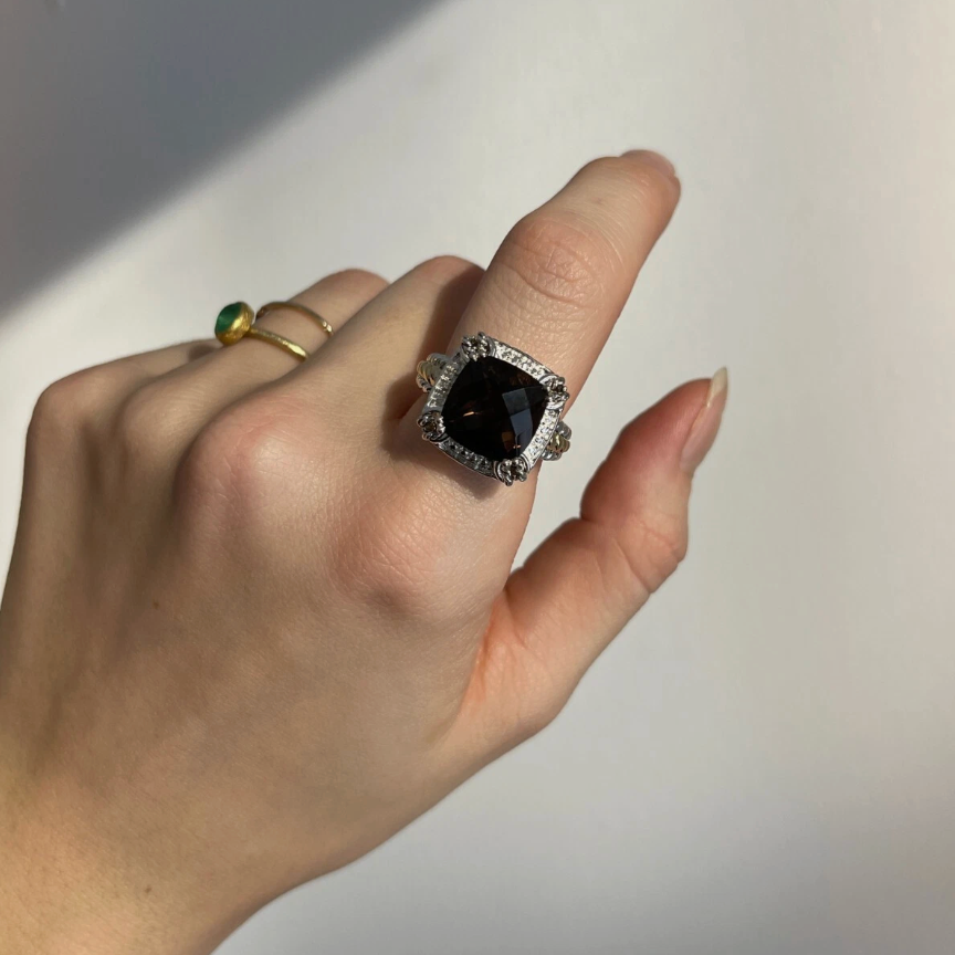 14KT Yellow Gold + Sterling Silver Smokey Quartz + Diamond Ring