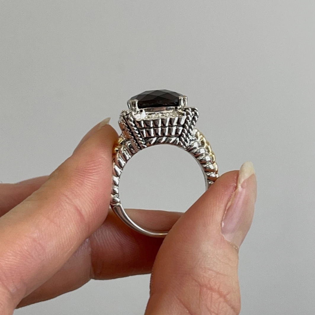 14KT Yellow Gold + Sterling Silver Smokey Quartz + Diamond Ring