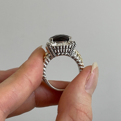 14KT Yellow Gold + Sterling Silver Smokey Quartz + Diamond Ring