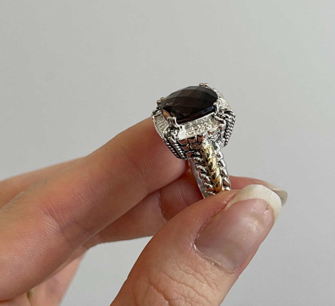 14KT Yellow Gold + Sterling Silver Smokey Quartz + Diamond Ring