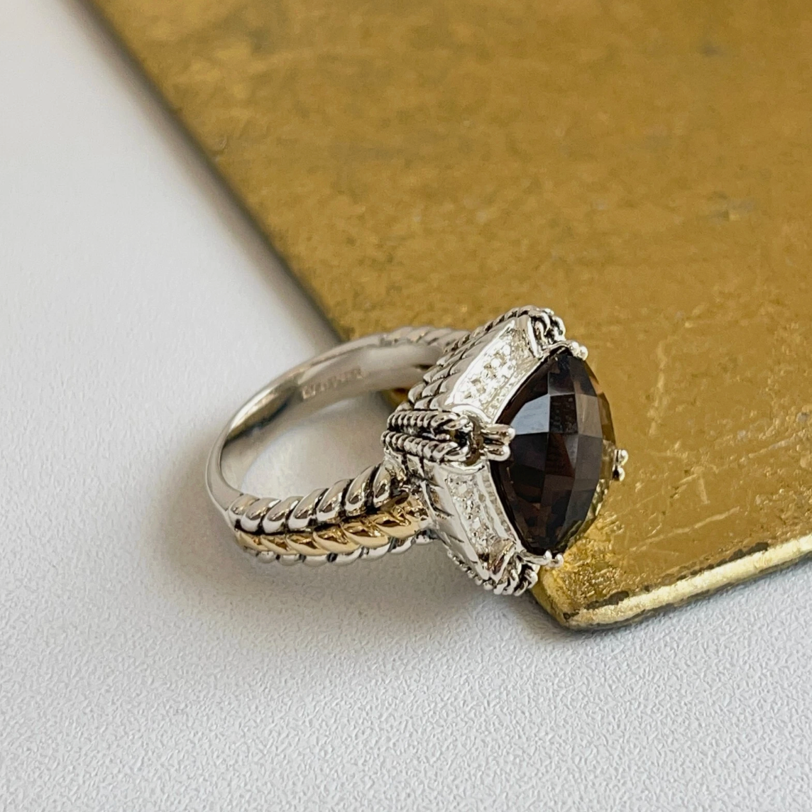 14KT Yellow Gold + Sterling Silver Smokey Quartz + Diamond Ring