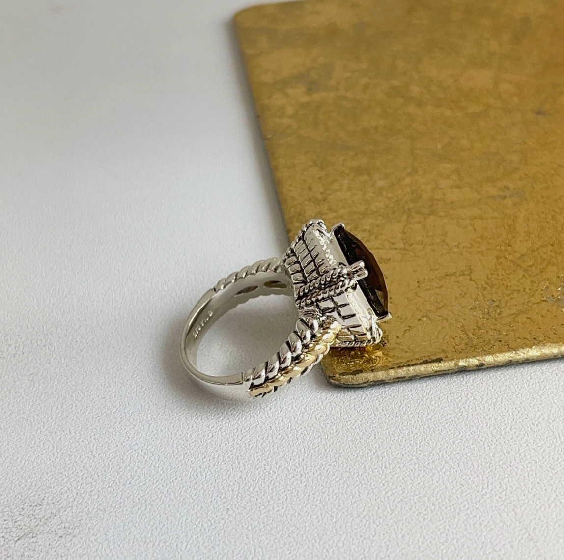 14KT Yellow Gold + Sterling Silver Smokey Quartz + Diamond Ring