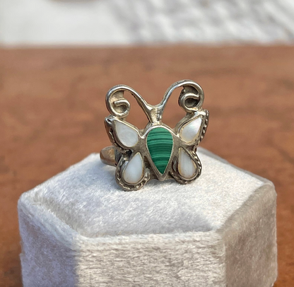Estate Patina'd Sterling Silver Pearl + Malachite Butterly Ring
