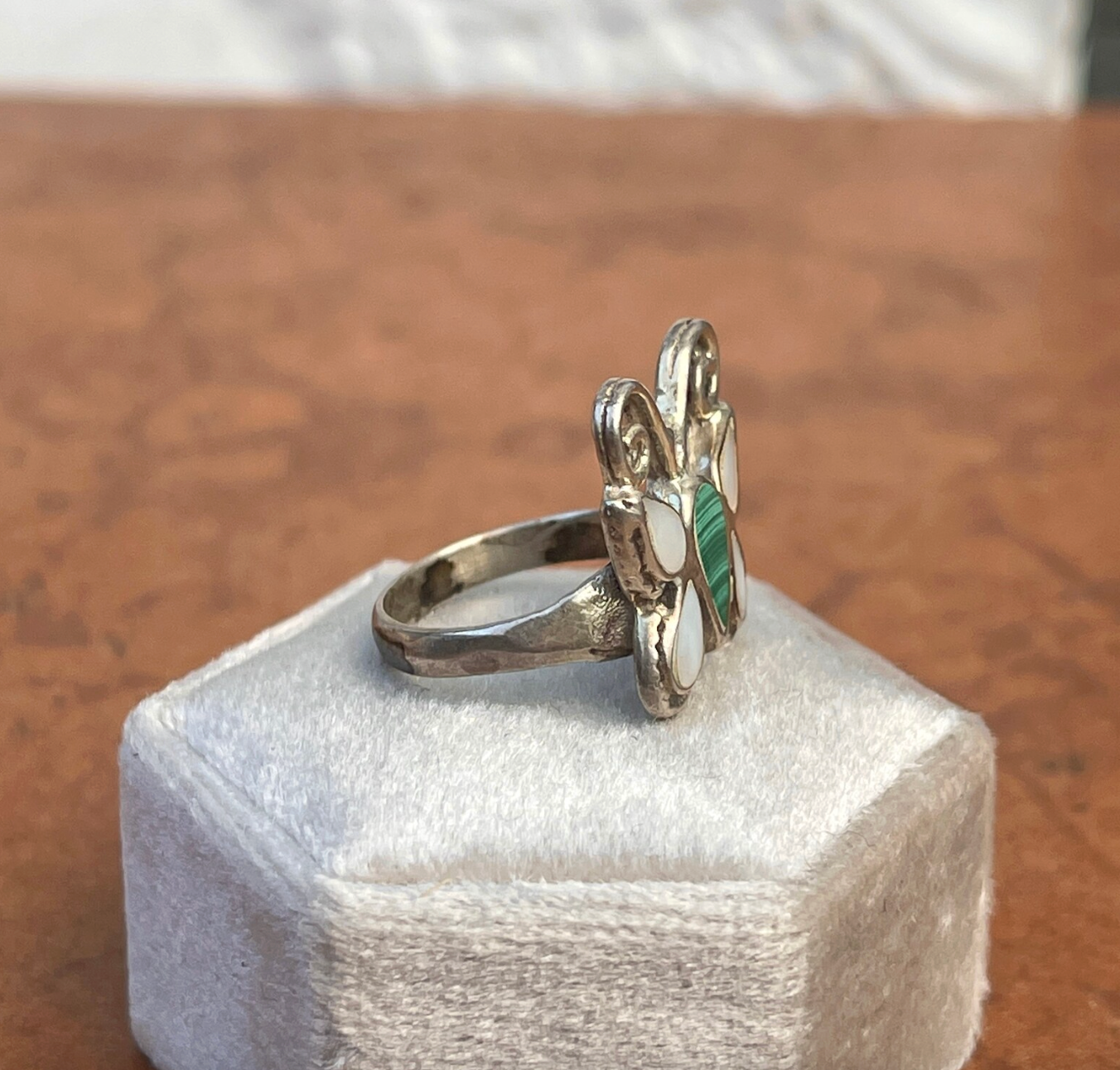 Estate Patina'd Sterling Silver Pearl + Malachite Butterly Ring