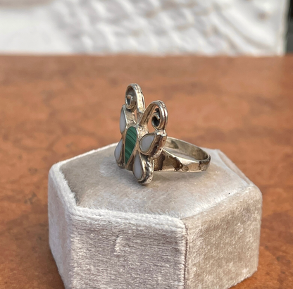 Estate Patina'd Sterling Silver Pearl + Malachite Butterly Ring