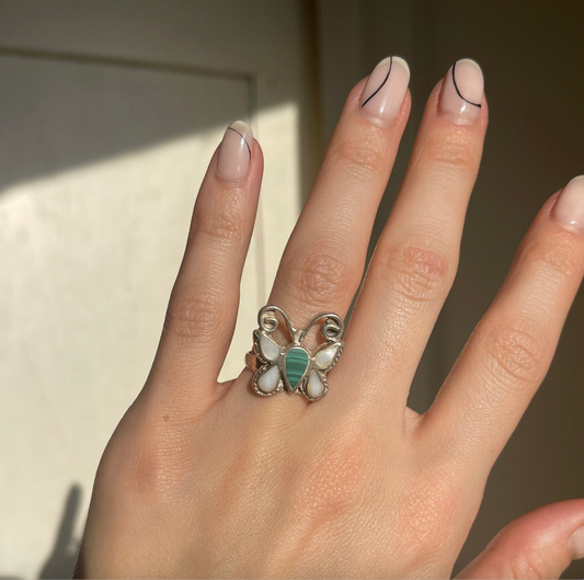 Estate Patina'd Sterling Silver Pearl + Malachite Butterly Ring