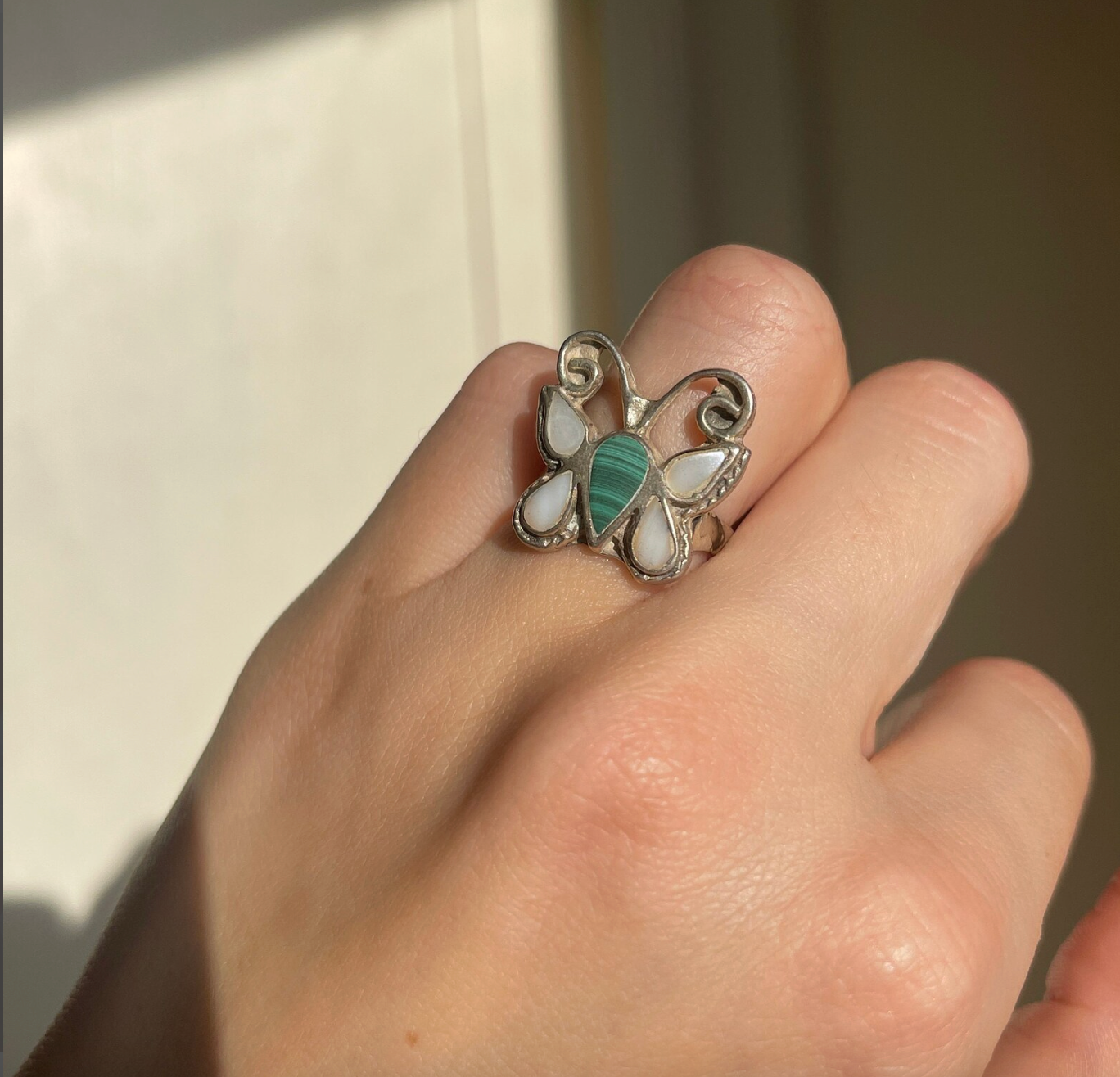 Estate Patina'd Sterling Silver Pearl + Malachite Butterly Ring