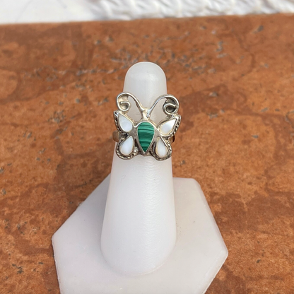 Estate Patina'd Sterling Silver Pearl + Malachite Butterly Ring