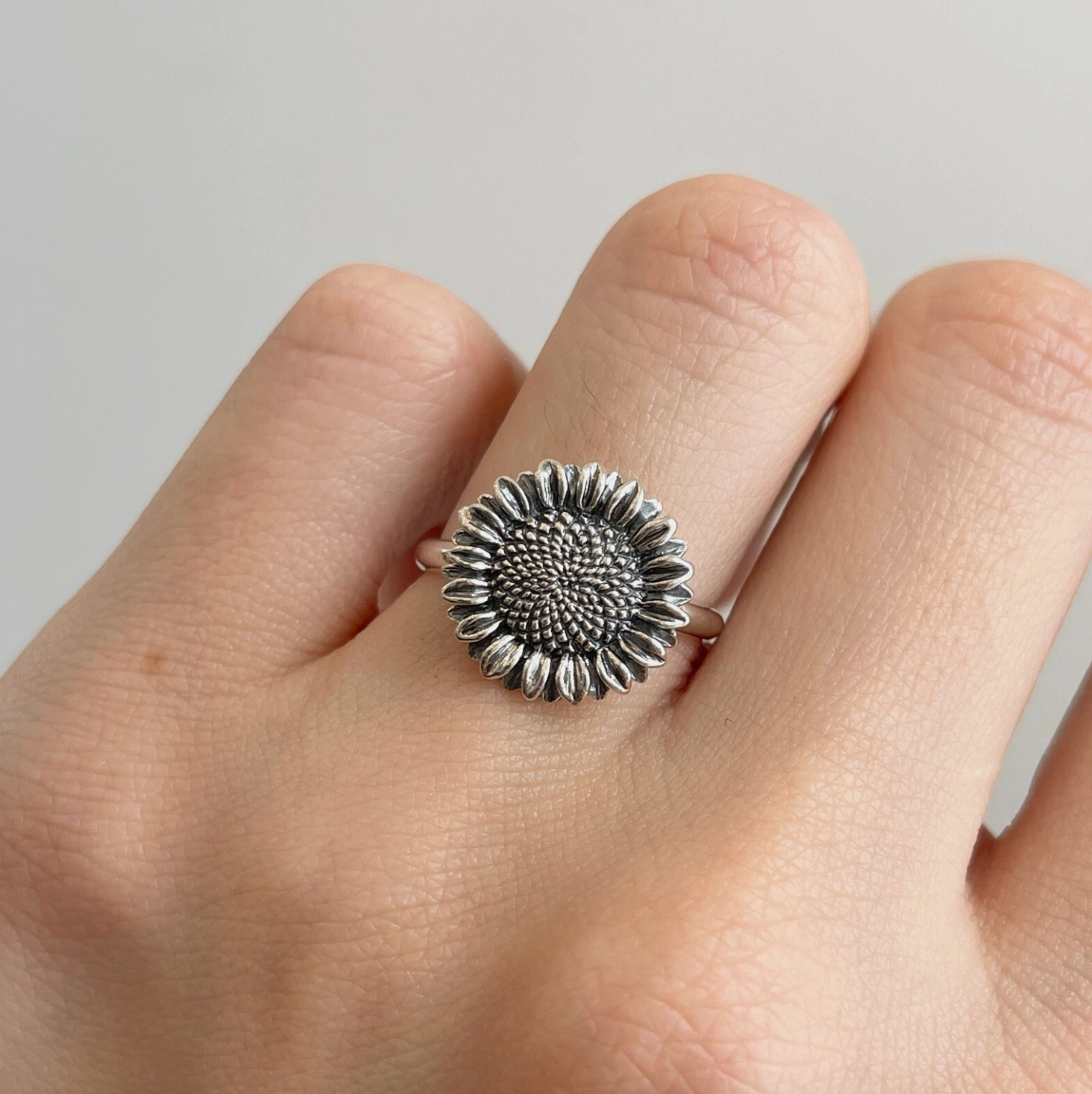 Sterling Silver Oxidized Sunflower Ring