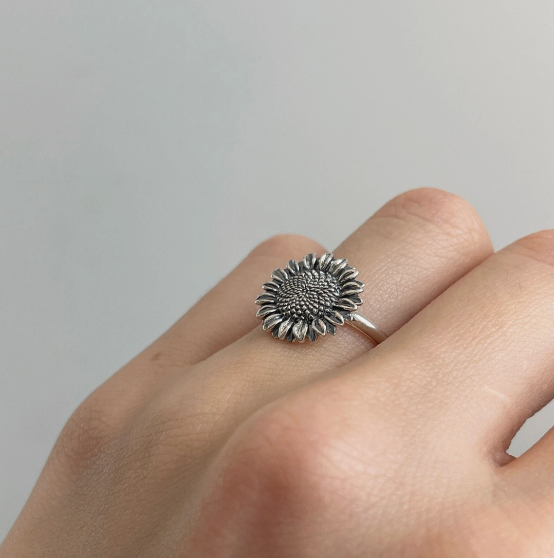 Sterling Silver Oxidized Sunflower Ring