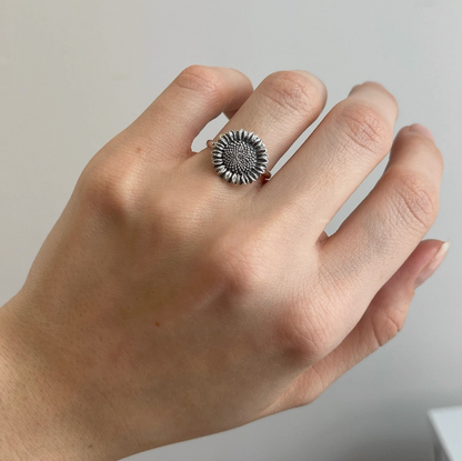 Sterling Silver Oxidized Sunflower Ring