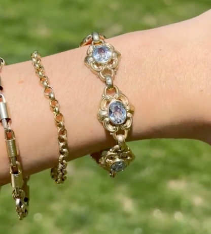 Estate 14KT Yellow Gold Oval Blue Gemstone Filigree Bracelet - LSJ