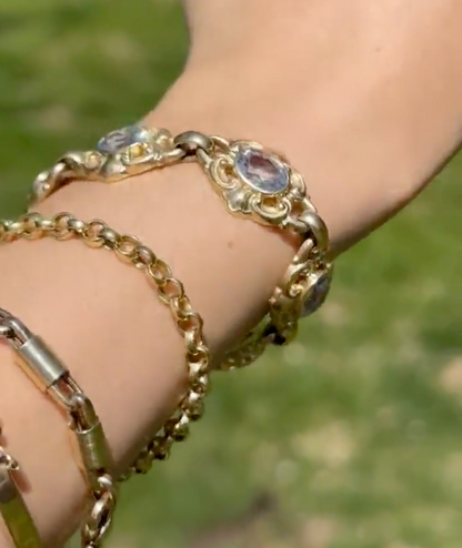 Estate 14KT Yellow Gold Oval Blue Gemstone Filigree Bracelet - LSJ