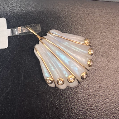 14KT Yellow Gold Moonstone Shell + Bezel-Set Diamonds Pendant