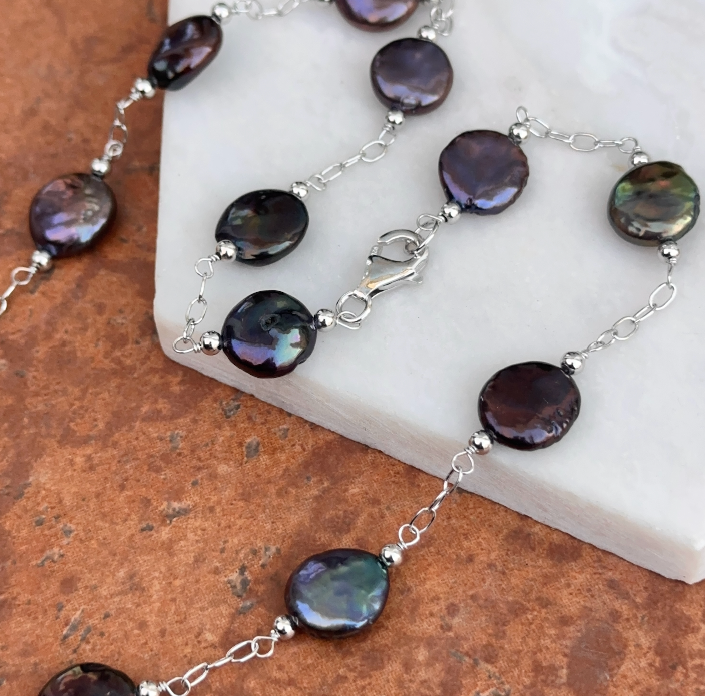 Sterling Silver Black Freshwater Pearl Coin Station Necklace - LSJ