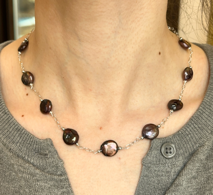 Sterling Silver Black Freshwater Pearl Coin Station Necklace - LSJ