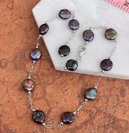 Sterling Silver Black Freshwater Pearl Coin Station Necklace - LSJ