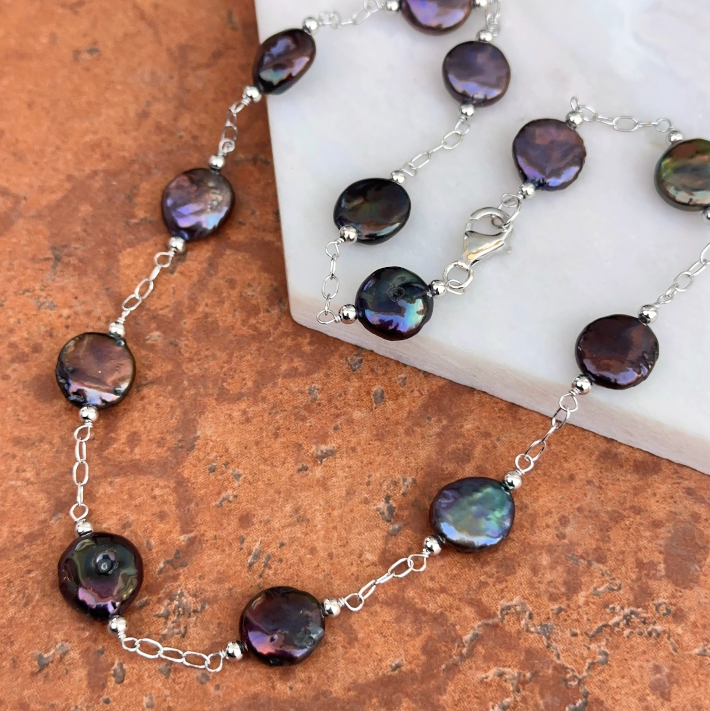 Sterling Silver Black Freshwater Pearl Coin Station Necklace - LSJ