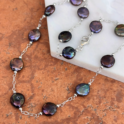 Sterling Silver Black Freshwater Pearl Coin Station Necklace - LSJ