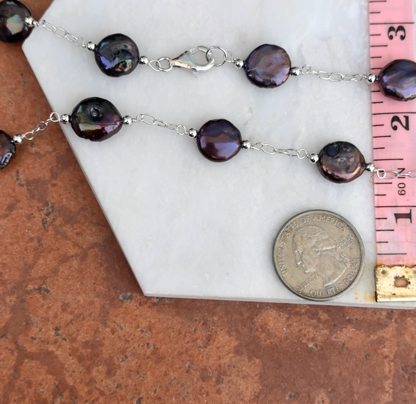 Sterling Silver Black Freshwater Pearl Coin Station Necklace - LSJ