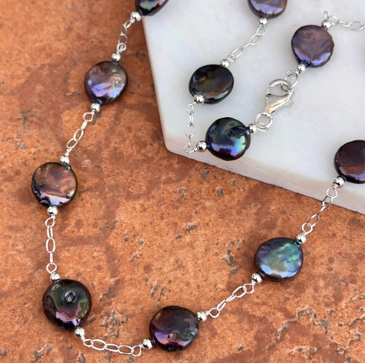 Sterling Silver Black Freshwater Pearl Coin Station Necklace - LSJ