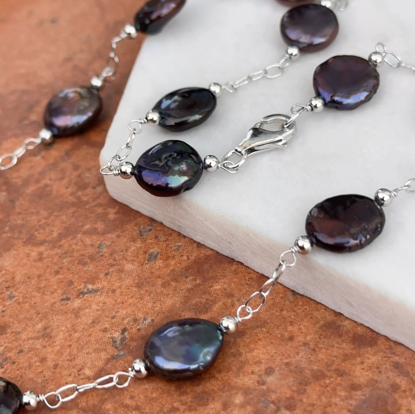 Sterling Silver Black Freshwater Pearl Coin Station Necklace - LSJ