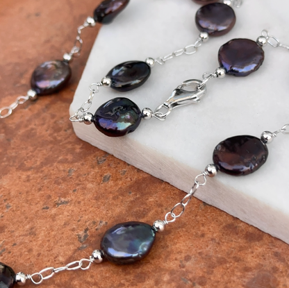 Sterling Silver Black Freshwater Pearl Coin Station Necklace - LSJ