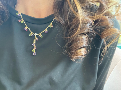 Estate 14KT Yellow Gold Amethyst Peridot Tourmaline and Diamond Drop Lariat Necklace