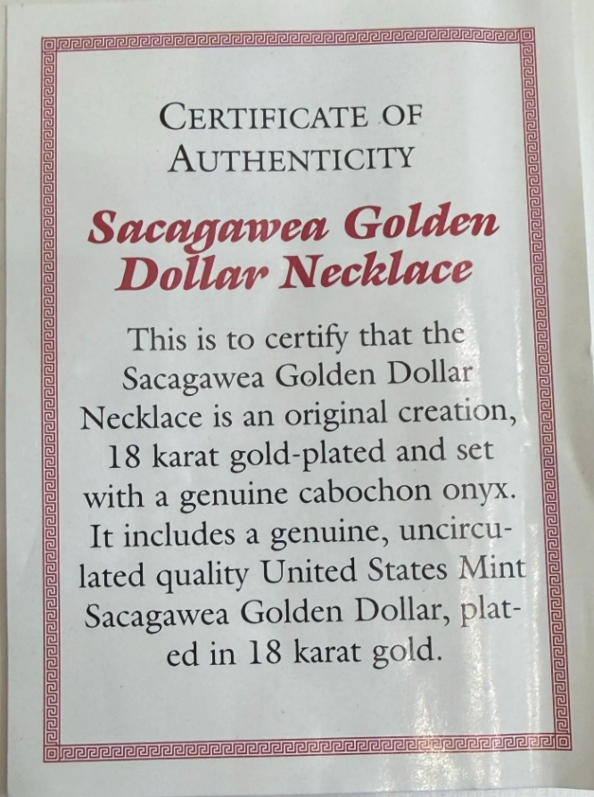 Estate Gold-Plated 2000 Sacagawea Golden Dollar + Onyx Necklace