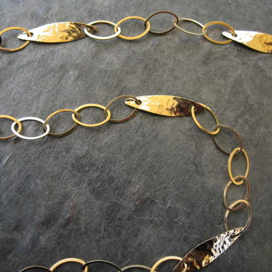 14KT Yellow Gold Hammered Oval Links Necklace 24"