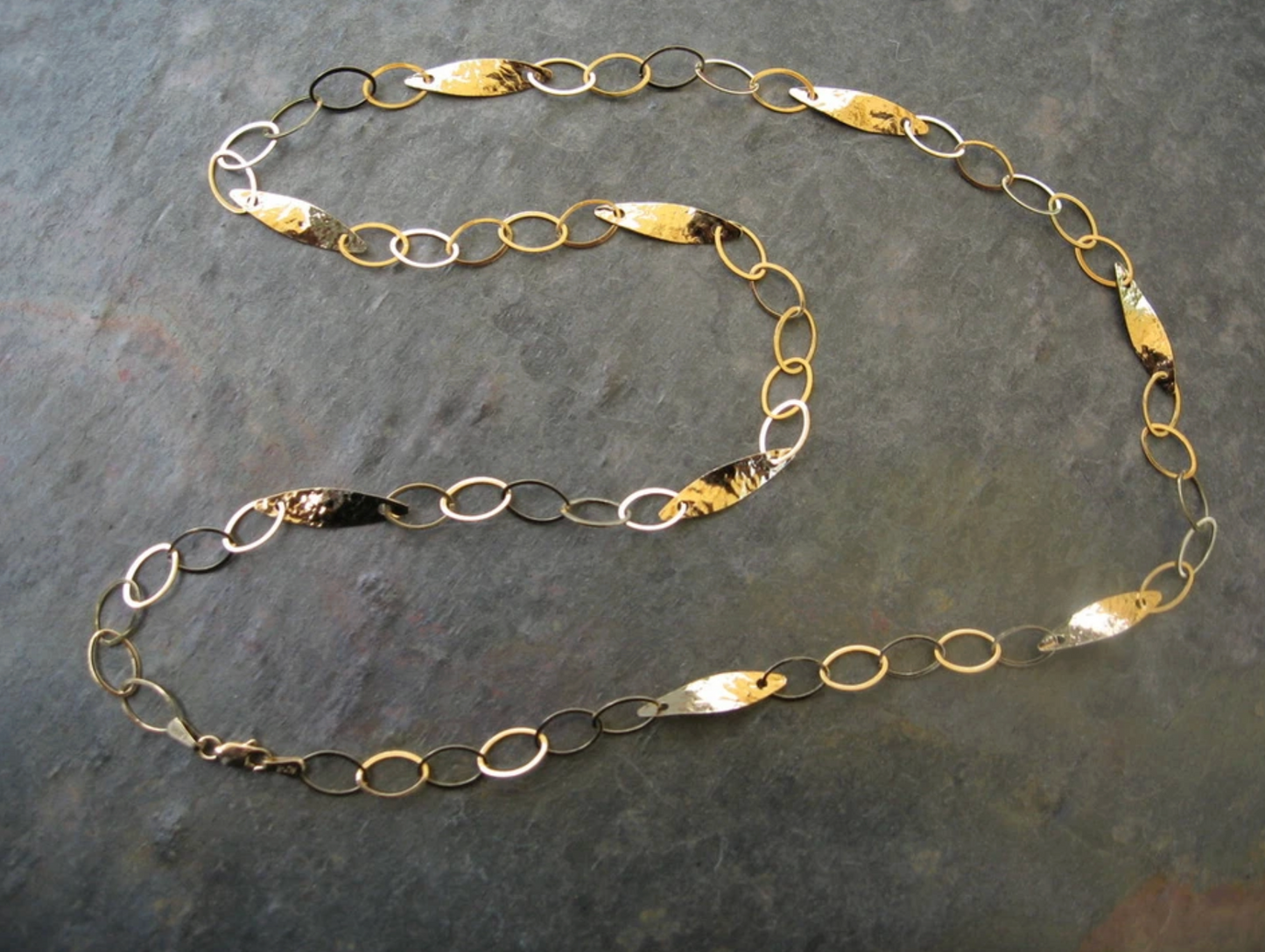 14KT Yellow Gold Hammered Oval Links Necklace 24"
