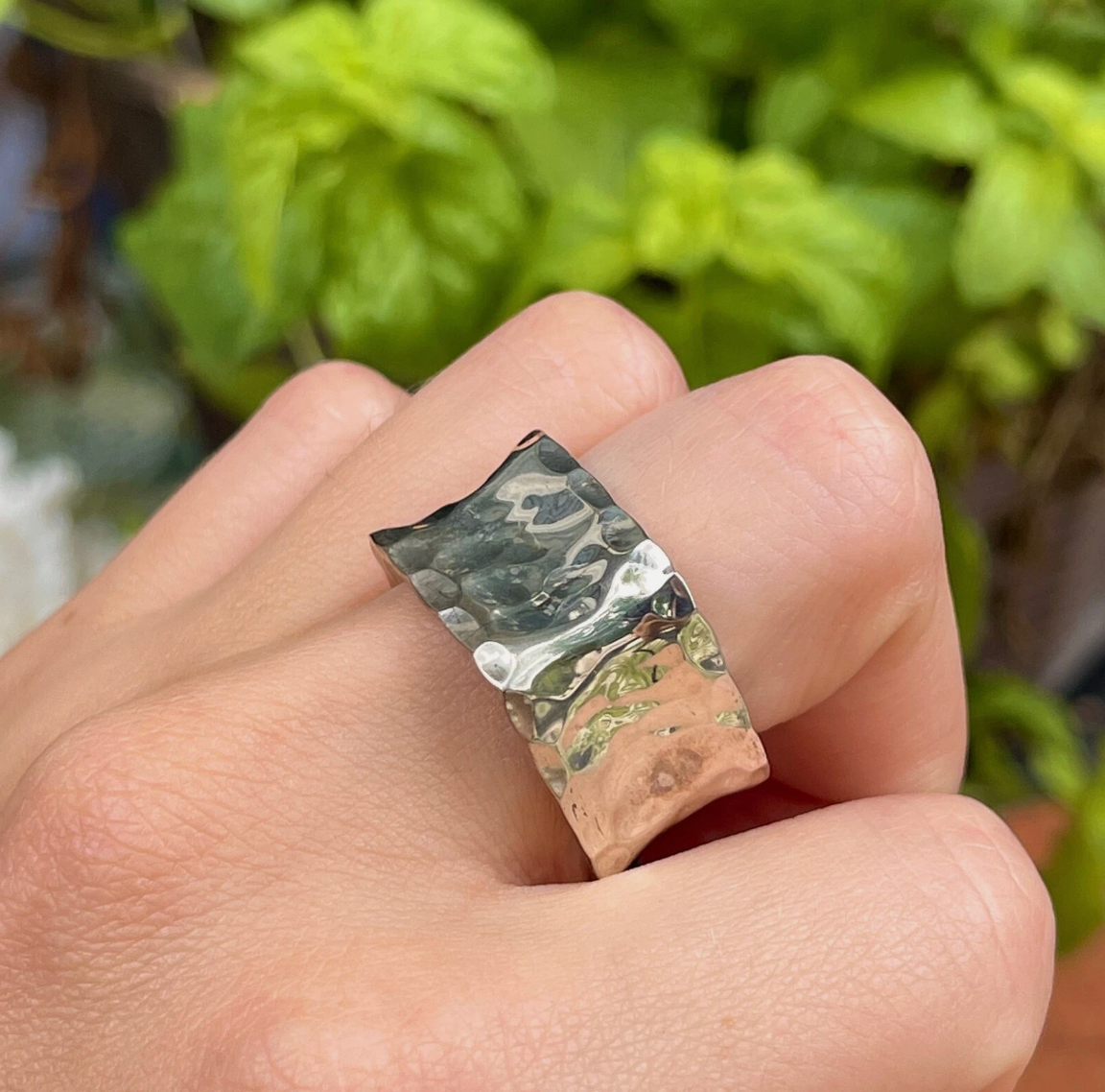 Sterling Silver Hammered Square Band Ring