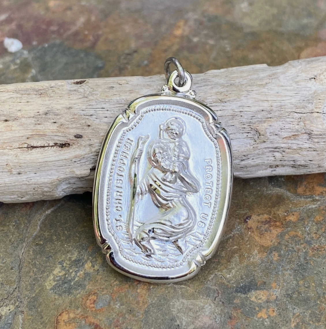 Sterling Silver Oval Matte St Christopher Medal Pendant 31mm