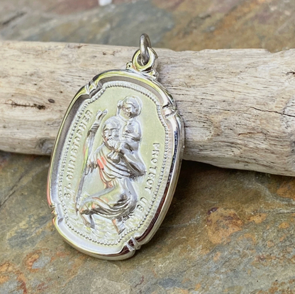 Sterling Silver Oval Matte St Christopher Medal Pendant 31mm
