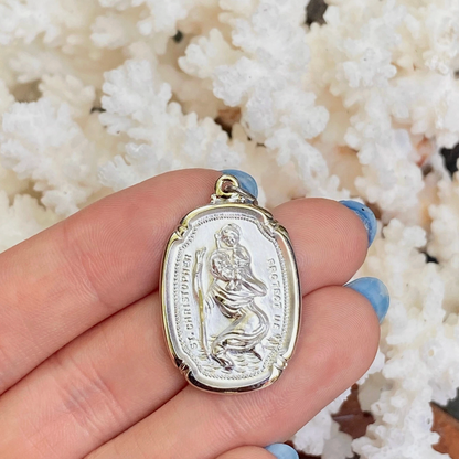 Sterling Silver Oval Matte St Christopher Medal Pendant 31mm
