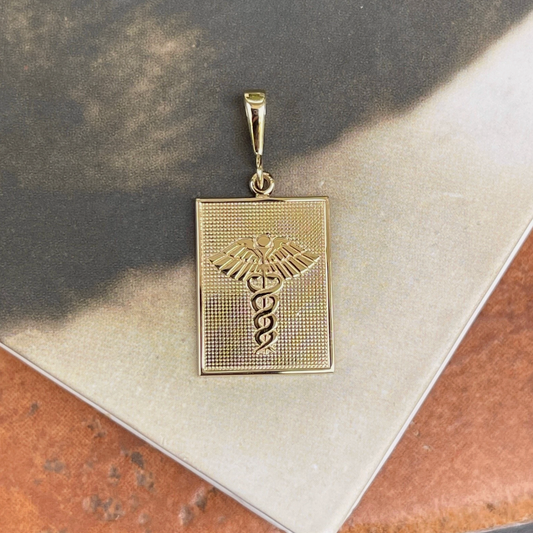 14KT Yellow Gold Caduceus Rectangle Medal Pendant