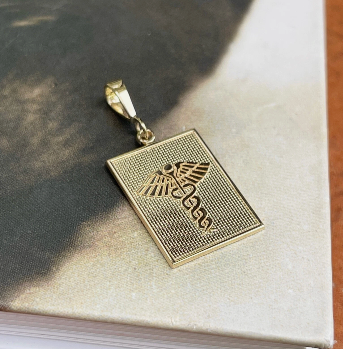 14KT Yellow Gold Caduceus Rectangle Medal Pendant