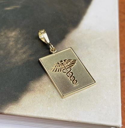 14KT Yellow Gold Caduceus Rectangle Medal Pendant