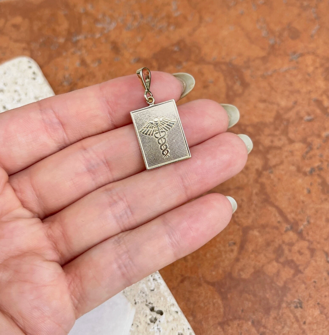 14KT Yellow Gold Caduceus Rectangle Medal Pendant