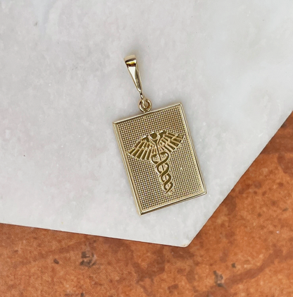 14KT Yellow Gold Caduceus Rectangle Medal Pendant