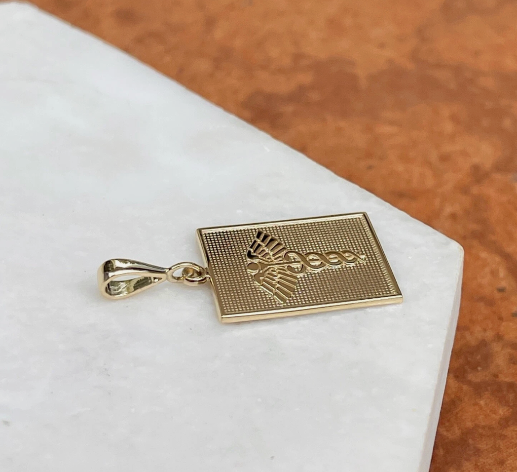 14KT Yellow Gold Caduceus Rectangle Medal Pendant