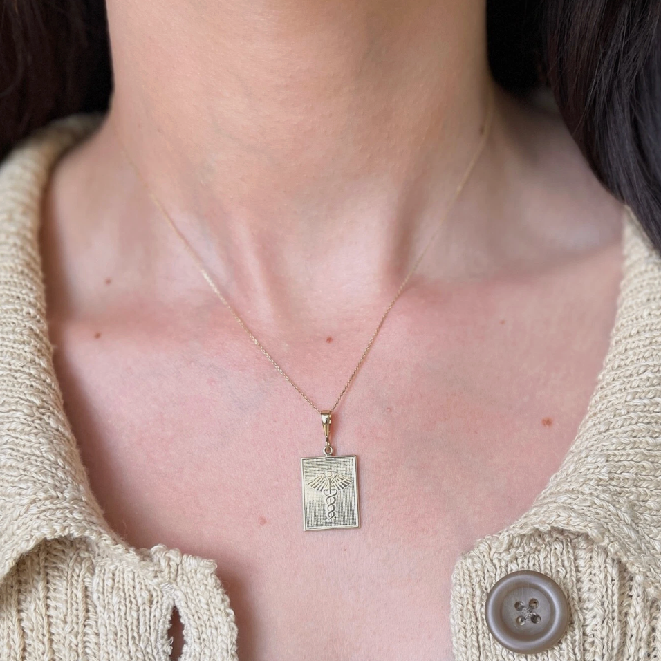 14KT Yellow Gold Caduceus Rectangle Medal Pendant