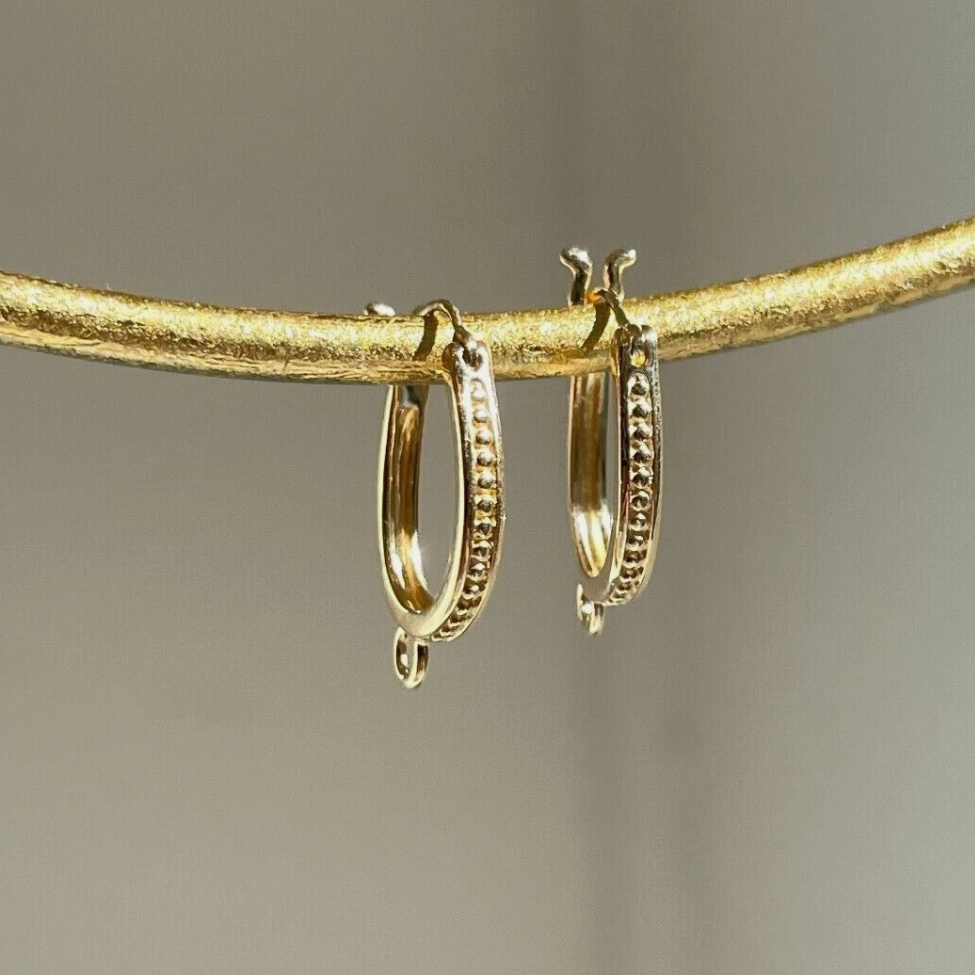 14KT Yellow Gold Beaded Oval Hoop Earrings with Closed Ring