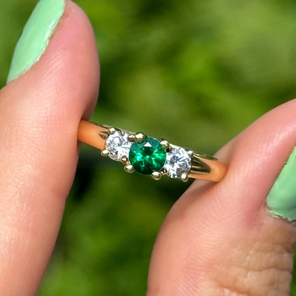 Estate 18KT Yellow Gold Round .33 CT Emerald + Diamond ring