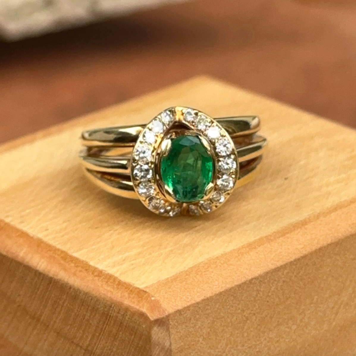 Estate Jose Hess 18KT Yellow Gold Oval .85 CT Emerald + Diamond Ring